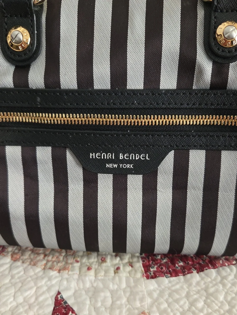 henri bendel Black and Grey Striped Dome Satchel with Gold Hardware